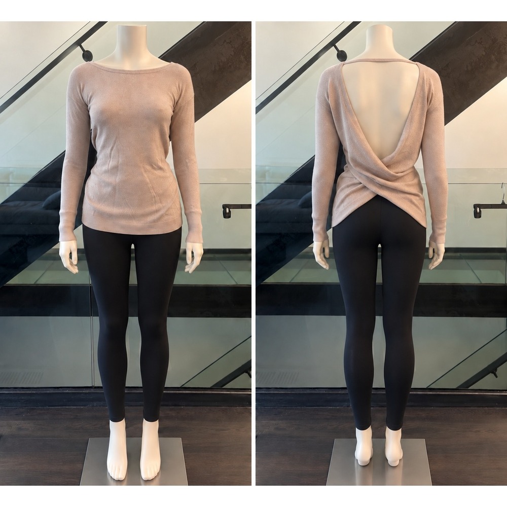 Athleta Cashmere Open Back Crossover Wrap Sweater Beige Tan Long Sleeve Top